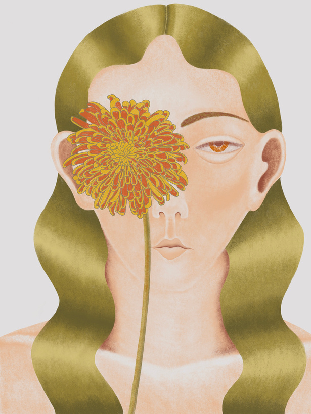 a digital portrait drawing of a girl with pale skin, a long face and long green wavy hair. She is covering her right eye with a big chrysanthemum flower which is yellow ochre and red.