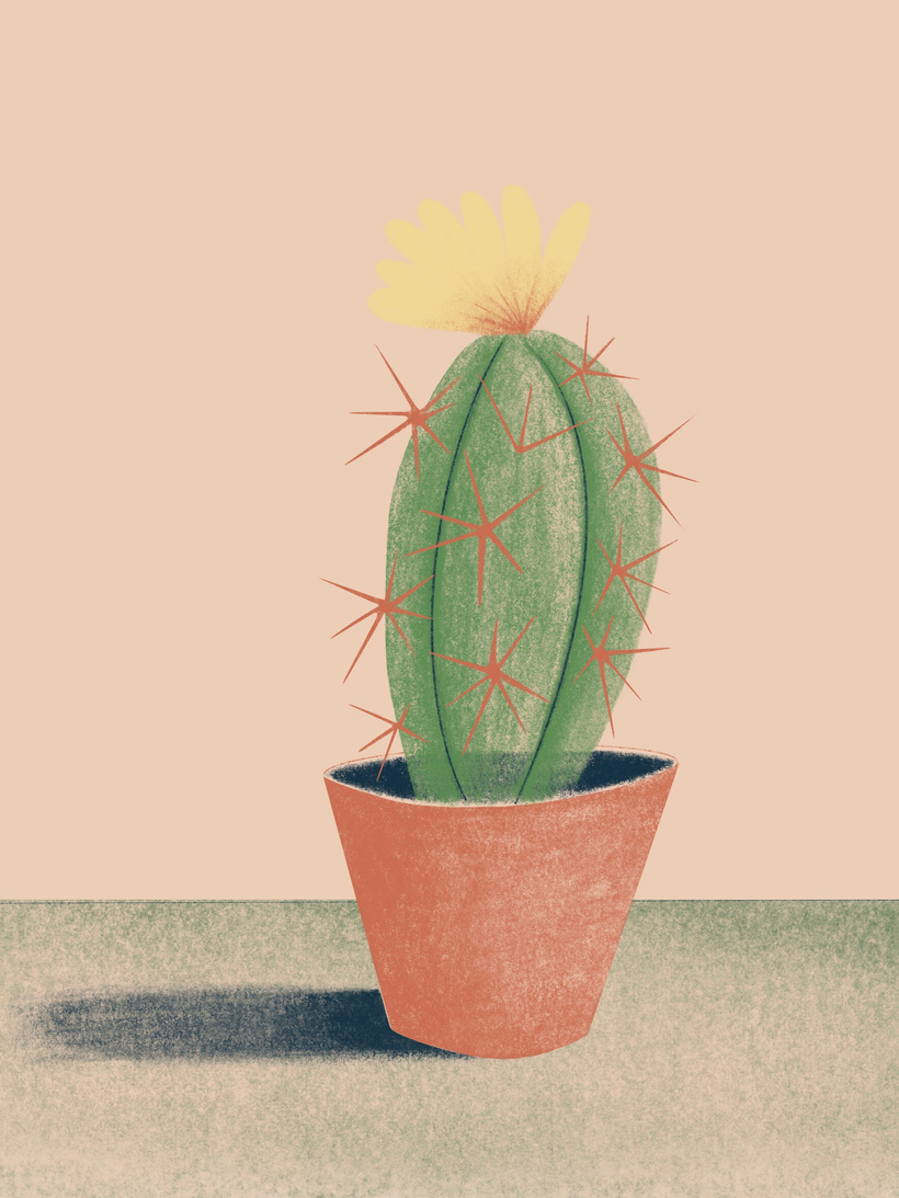 a digital drawing of a green cactus plant with a yellow flower and red spikes standing on a table inside a clay pot. 