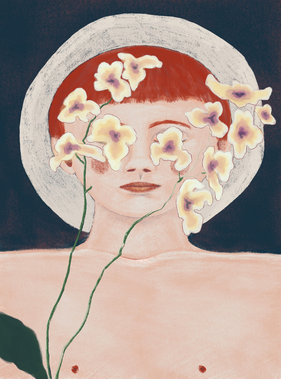 a digital portrait drawing of a person with red hair and pale skin sitting bare-chested with their eyes closed. there is a white halo around their head. orchid flowers are covering their eyes. the background is dark blue. 