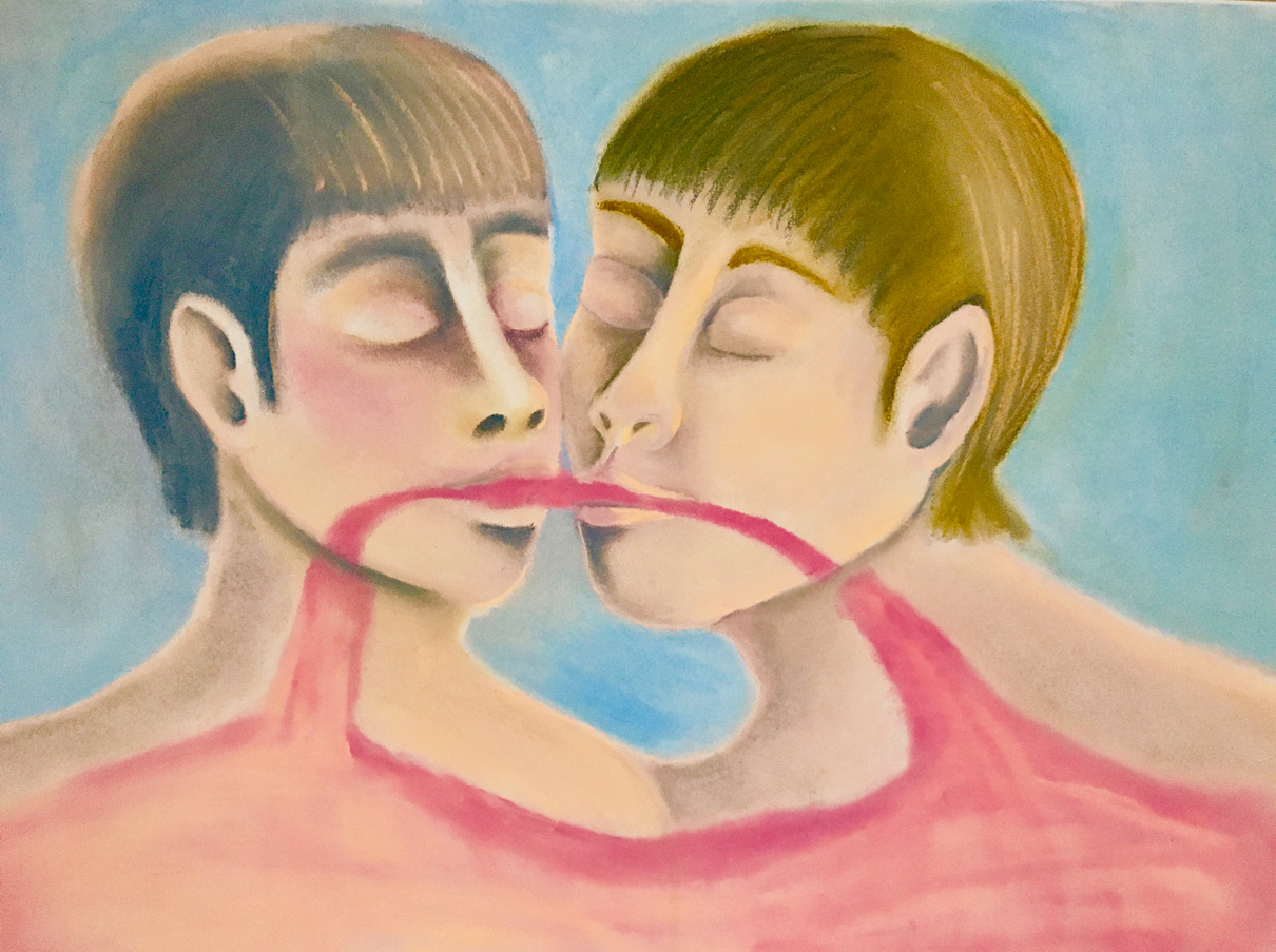 a drawing showing two people kissing with eyes closed, transferring pink breath from one to another