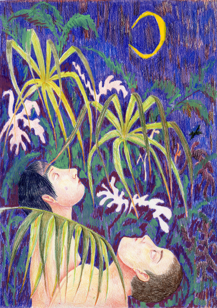 drawing of two people are in the jungle looking up at the moon in the sky