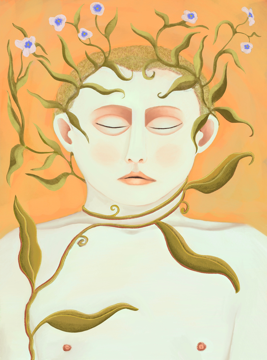 a digital drawing of a boy sitting with his eyes closed. He has blond hair and pale skin. Green plants are climbing on top of him twisting their leaves around his neck. They have small blue flowers on their ends. The background is orange.