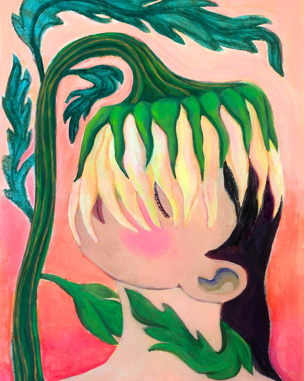 a painting of a girl on a pink background. She has her eyes closed and her head raised. she is blushing. A big yellow sunflower is covering her face and is putting its green leaf around her neck. 