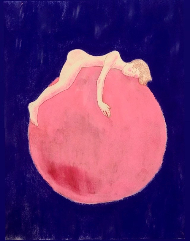 drawing of a girl sleeping on top of a pink planet