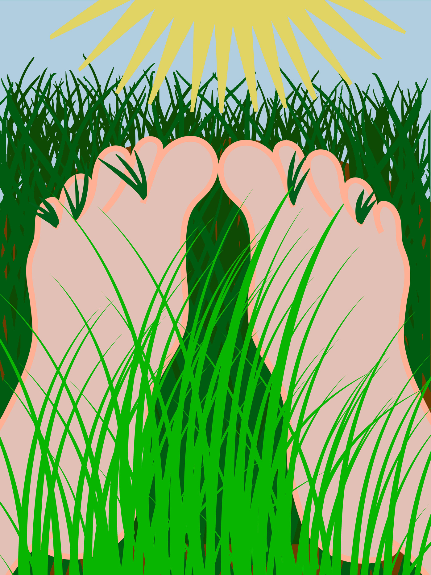 a digital drawing. close up of two feel lying in the grass with the grass blades between the toes. the grass is green and the sun is shining above them. the sky is blue.