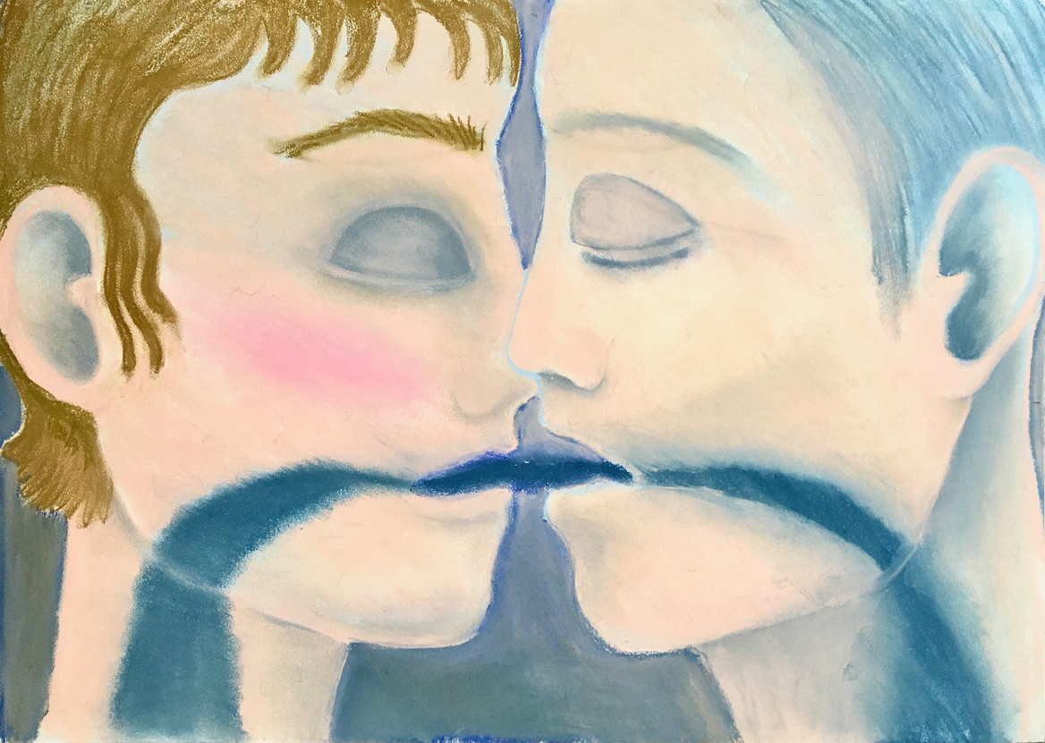 a close-up drawing of two profile heads. a man and a woman are kissing with eyes closed and transfer blue breath from one to another